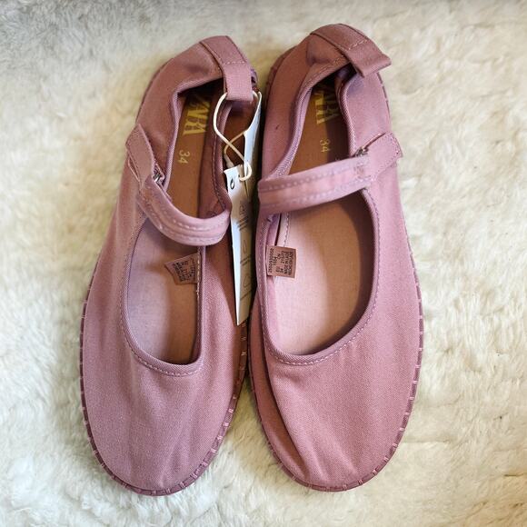 NWT ZaraMauve Pink Ankle Strap Ballet FlatsGirls Size 2 / Womens 4 / EU 34